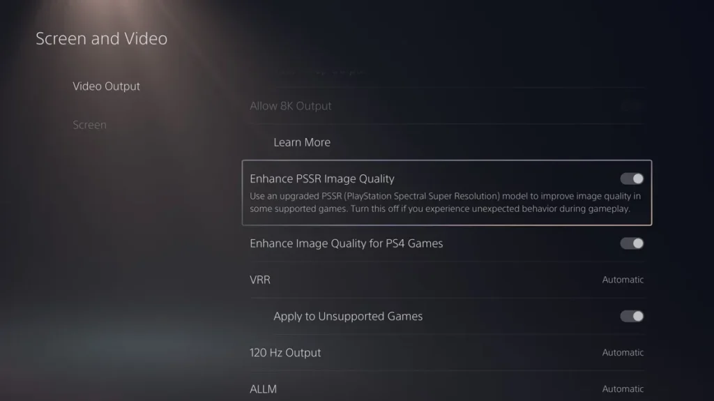 PlayStation 5 Pro-instellingen voor PSSR-optie.